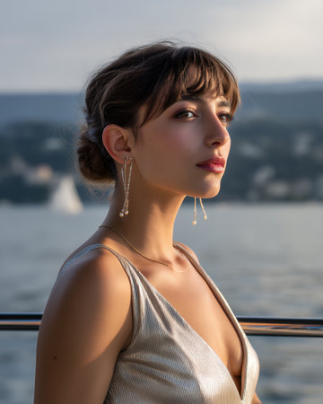 A young woman stands on a boat looking towards the camera. The sun sets behind mountains, and water reflects the light. She wears a dress and long earrings.の素材
