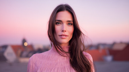 A woman stands on a rooftop with her hair gently flowing in the wind. The sun is setting, creating a warm glow in the sky. Buildings are visible in the background.の素材