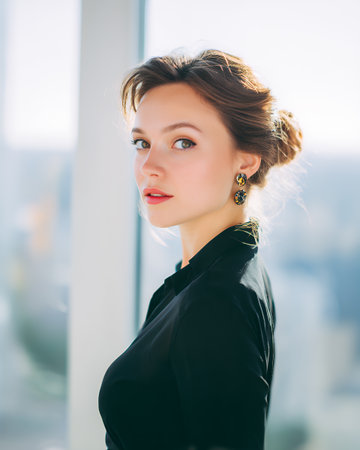 A woman looks thoughtfully out the window, sunlight illuminating her features. She wears a black top and elegant earrings. The cityscape is blurred in the background.の素材