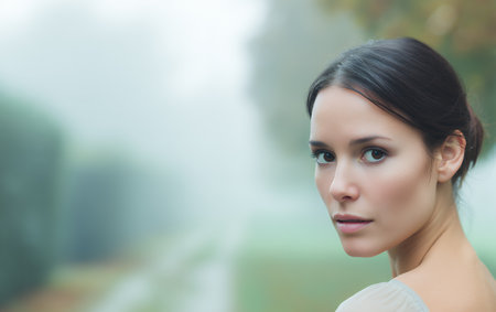 Young woman stands in a green space with fog. Trees stand around her, and she looks back with a calm expression on her face. The setting has soft, muted colors.の素材