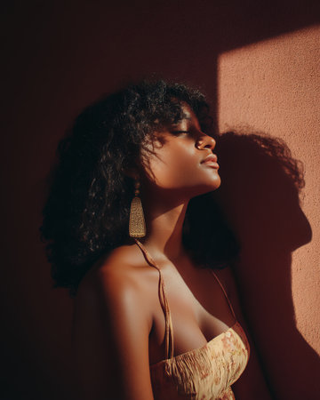 A woman with curly hair stands still against a wall. Sunlight casts a shadow on the surface while she appears to enjoy the warm light in the afternoon setting.の素材
