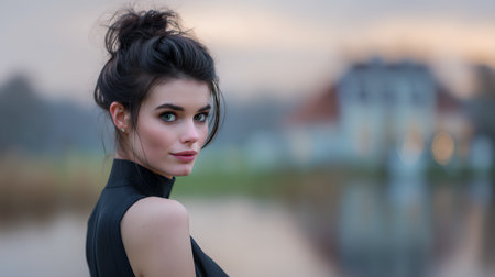 A young woman looks at the camera while standing near a lake during dusk. There is a house visible in the background along with soft reflections on the water.の素材