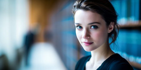 A young woman stands in a library, looking directly at the camera with a serious expression. Bookshelves are visible in the background, indicating a quiet study space.の素材