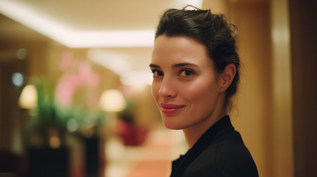 A woman stands in a hotel corridor with a slight smile. The setting shows warm lighting and decor. She appears confident and engaging in her environment.の素材