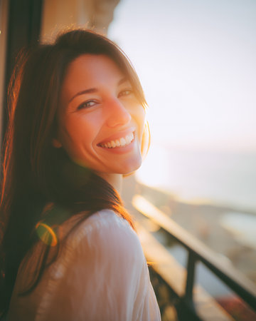 A woman stands on a balcony looking back with a smile. The sun sets over the sea, casting warm light and creating an inviting atmosphere.の素材