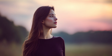 A woman looks to the horizon while standing in a field at sunset. The soft light casts warm tones around her. Trees are visible in the background as day ends.の素材