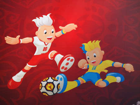 EURO 2012 MASCOTS IN WARSAW, POLAND - JUNE 7: Euro 2012 Mascots on Krakowskie Przedmiescie in Warsaw...