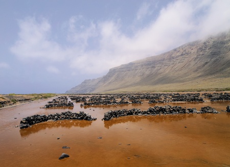 Famara Cliffs and Salinas del Rio, Lanzarote, Canary Islands, Spainの写真素材