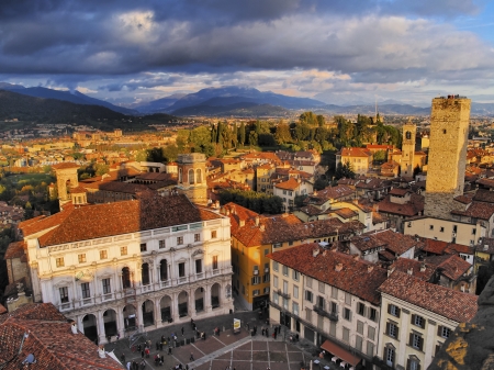 Bergamo, view from city hall tower, Lombardy, Italyのeditorial素材