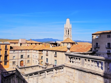 Girona cityscape and famous cathedral stairs.の写真素材