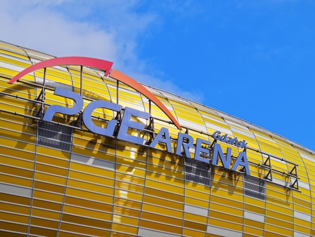 GDANSK, POLAND - JULY 24: Newly built PGE Arena stadium for 43,615 spectators. The stadium was used during the Euro 2012 Championship. Its two years since it is officially opened. July 24, 2013 in Gdansk, Poland.のeditorial素材