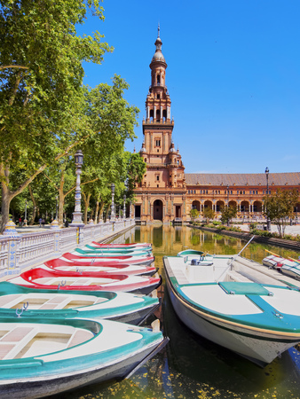Boats on Plaza de Espana - Spanish Square in Seville, Andalusia, Spainのeditorial素材