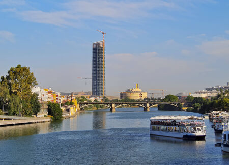 View of Cajasol Tower and Guadalquivir River in Seville, Andalusia, Spainのeditorial素材