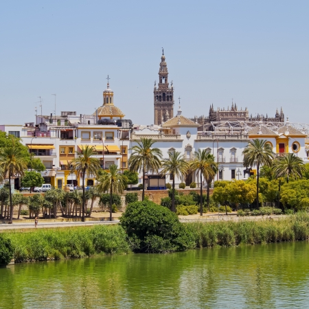 View of Seville and Guadalquivir River, Andalusia, Spainの写真素材