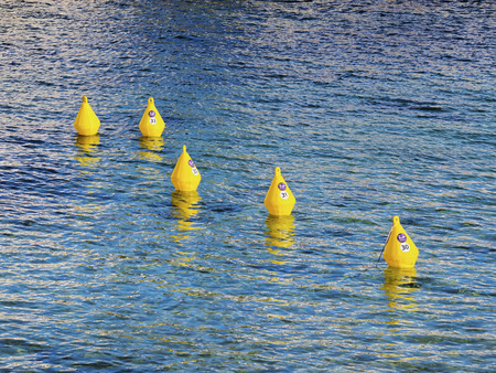 Yellow Buoys on the southern coast on Menorca, Balearic Islands, Spainの写真素材