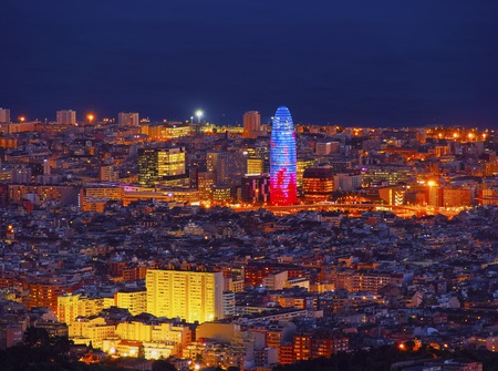 Night view of Torre Agbar designed by famous architect Jean Nouvel in Barcelona, Catalonia, Spainのeditorial素材
