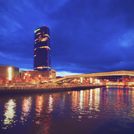 Night view of Iberdrola Tower in Bilbao, Biscay, Basque Country, Spainのeditorial素材