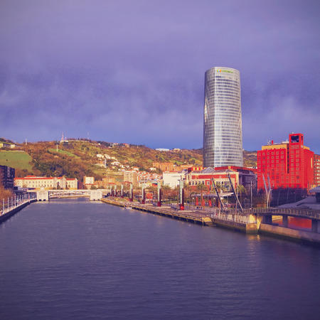 Cityscape of Bilbao and the Nervion River, Biscay, Basque Country, Spainのeditorial素材