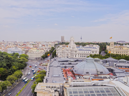 Spain, Madrid, Elevated view of the Alcala Street and the Cybele Palace.のeditorial素材