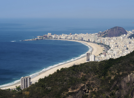 Brazil, City of Rio de Janeiro, Sugarloaf Mountain, Elevated view of the Copacabana Beach.