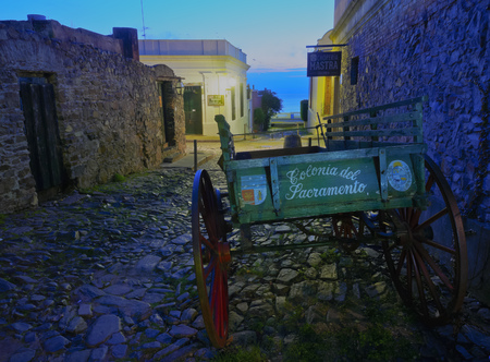 Uruguay, Colonia Department, Colonia del Sacramento, Old Carriage on the street of the historic quarter.のeditorial素材