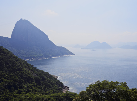 Brazil, City of Rio de Janeiro, Leme, Sugarloaf Mountain viewed from Forte Duque de Caxias.の写真素材