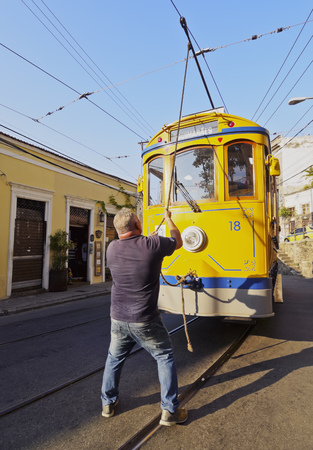 Brazil, City of Rio de Janeiro, The Santa Teresa Tram near Largo dos Guimaraes.