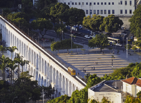 Brazil, City of Rio de Janeiro,  Lapa, Elevated view of the Carioca Aqueduct and Largo da Lapa.
