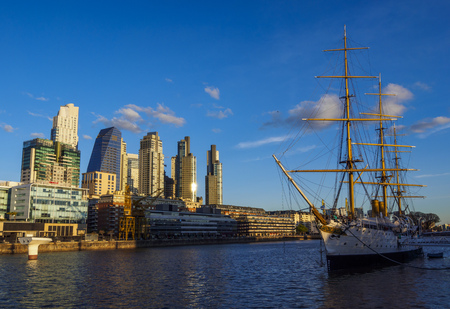 Argentina, Buenos Aires Province, City of Buenos Aires, View of Puerto Madero and the museum ship ARA Presidente Sarmiento.のeditorial素材