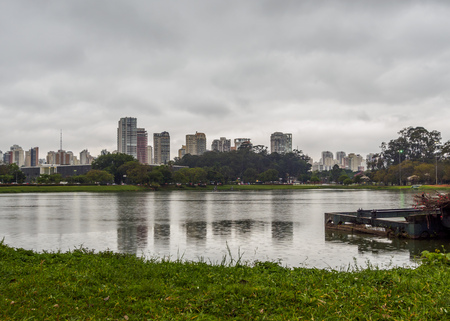 Brazil, State of Sao Paulo, City of Sao Paulo, Cityscape viewed from the Ibirapuera Park.の写真素材