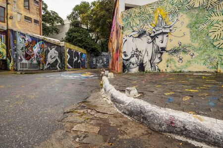 Brazil, State of Sao Paulo, City of Sao Paulo, Vila Madalena, Graffiti in Beco do Batman.のeditorial素材