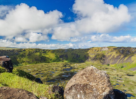Crater of Rano Kau Volcano, Easter Island, Chileの写真素材