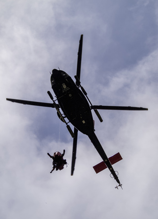Rescue Helicopter over Barranco de Masca, gorge, Teno Massif, Tenerife Island, Canary Islands, Spainの写真素材