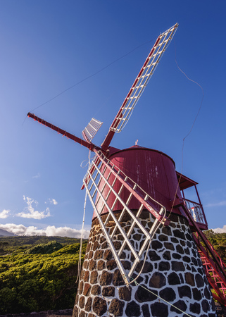 Traditional Windmill in Ponta Rasa near Sao Joao, Pico Island, Azores, Portugalの写真素材