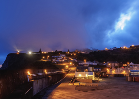 Port in Lajes das Flores at twilight, Flores Island, Azores, Portugalの写真素材