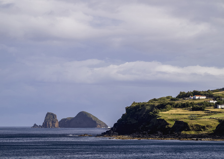 View towards the Ilheus de Baixo, Graciosa Island, Azores, Portugalの写真素材