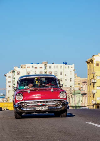 Vintage car at El Malecon, Havana, La Habana Province, Cubaのeditorial素材