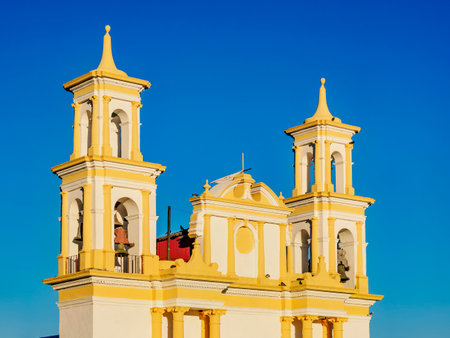 La Merced Church at sunrise, San Cristobal de las Casas, Chiapas State, Mexicoの写真素材