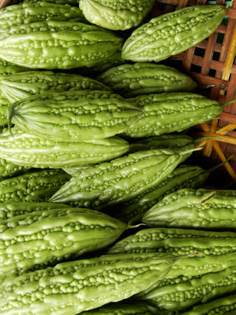Bitter melon (Momordica charantia). Fresh from the farm, these vegetables are ready to buy on this market in Ho Chi Minh City, Vietnamの写真素材