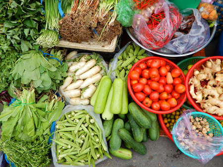 Assorted vegetables.   Fresh from the farm, these vegetables are ready to buy on this market in Ho Chi Minh City, Vietnamの写真素材