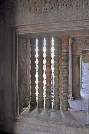 Carvings in stone. Sculptured details in the vast Angkor Temple complex, centuries old, here in Cambodiaのeditorial素材