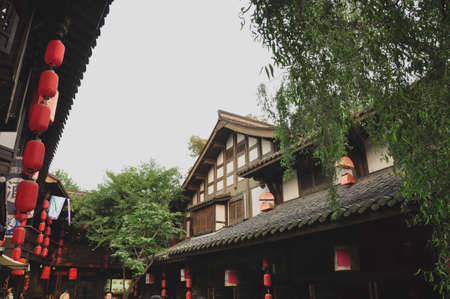 Chinese architecture. Constructed with traditional materials, this building and its decorations are located in an historical area of Cheng Du, Chinaのeditorial素材