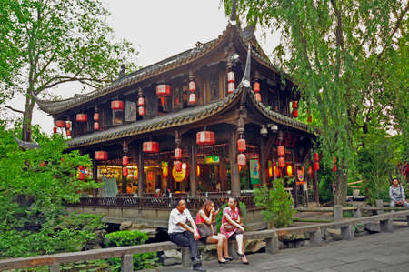 Chinese architecture. Constructed with traditional materials, this building and its decorations are located in an historical area of Cheng Du, Chinaのeditorial素材