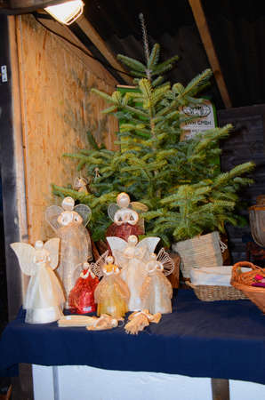 Christmas Market products, Vienna. Arts and crafts, and some food products, for sale on a market during the winter period leading up to Christmasの写真素材