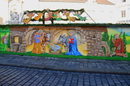 Nativity mural, Vienna. Painted on the wall of a Christmas market, a colourful piece of artworkのeditorial素材