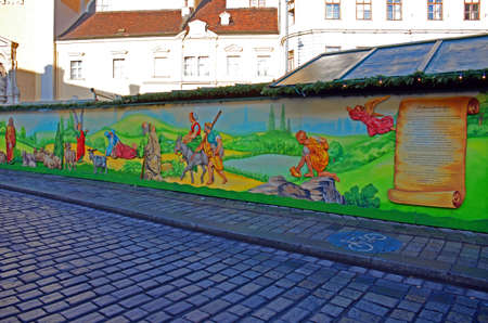 Nativity mural, Vienna. Painted on the wall of a Christmas market, a colourful piece of artworkのeditorial素材
