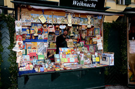 Christmas Market stall, Vienna, Austria. Arts and crafts, and some food products, for sale on a market during the winter period leading up to Christmasのeditorial素材