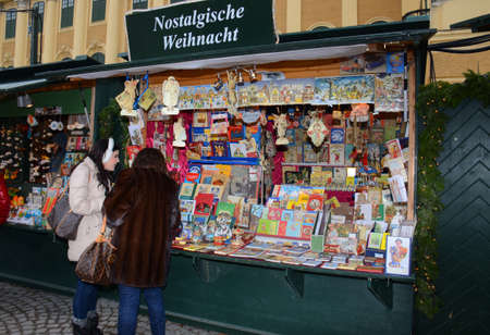 Christmas Market stall, Vienna, Austria. Arts and crafts, and some food products, for sale on a market during the winter period leading up to Christmasのeditorial素材
