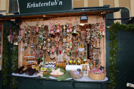 Christmas Market stall, Vienna, Austria. Arts and crafts, and some food products, for sale on a market during the winter period leading up to Christmasのeditorial素材