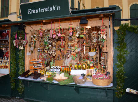Christmas Market stall, Vienna, Austria. Arts and crafts, and some food products, for sale on a market during the winter period leading up to Christmasのeditorial素材